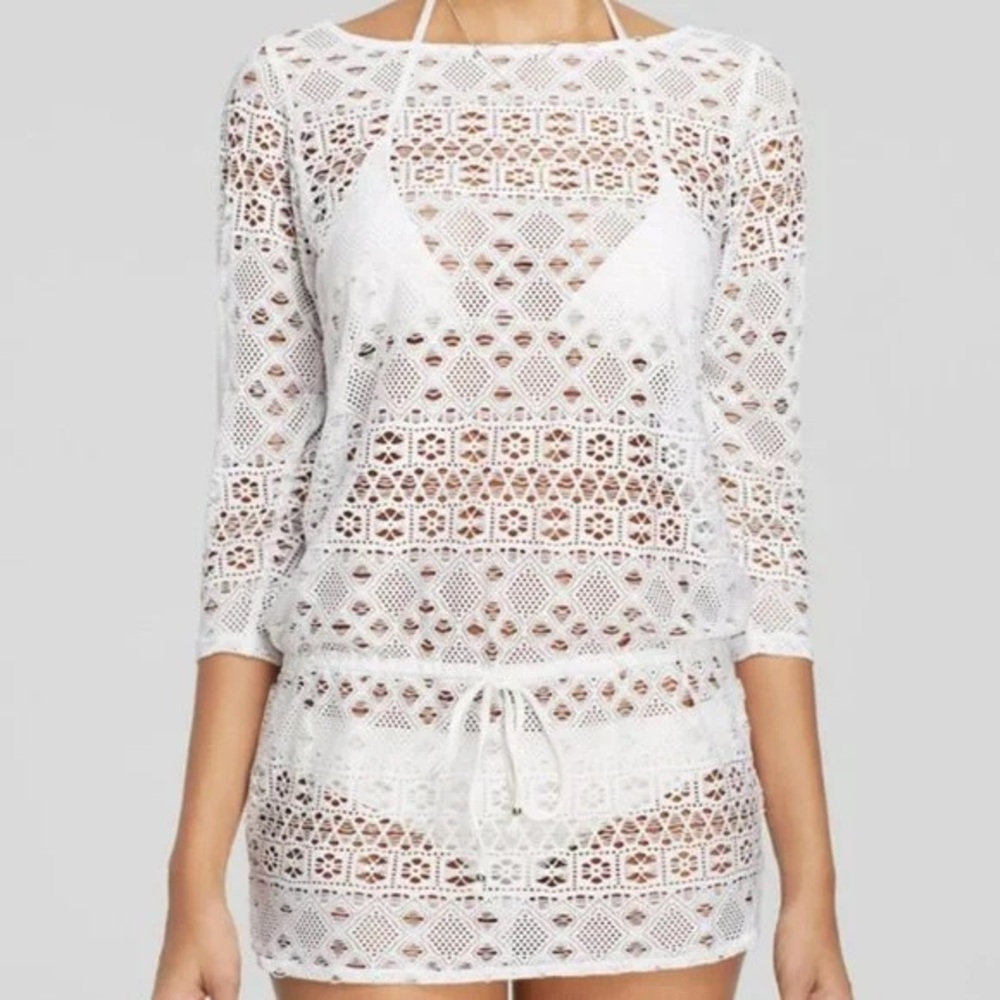 Polo Ralph Lauren White Crochet Open Knit Lace Drawstring Swim Cover-Up Dress S